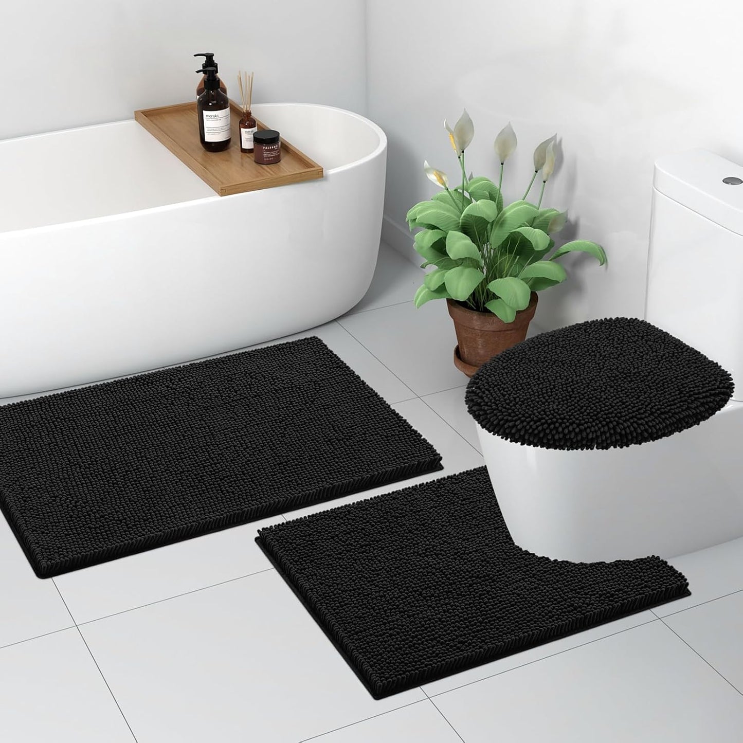 Soft Chenille Bathroom Toilet Lid Cover, Machine Washable Covers, 17.5X15, Fits Most Round, Elongated and Oblong Lids, Accessories Decor, Black