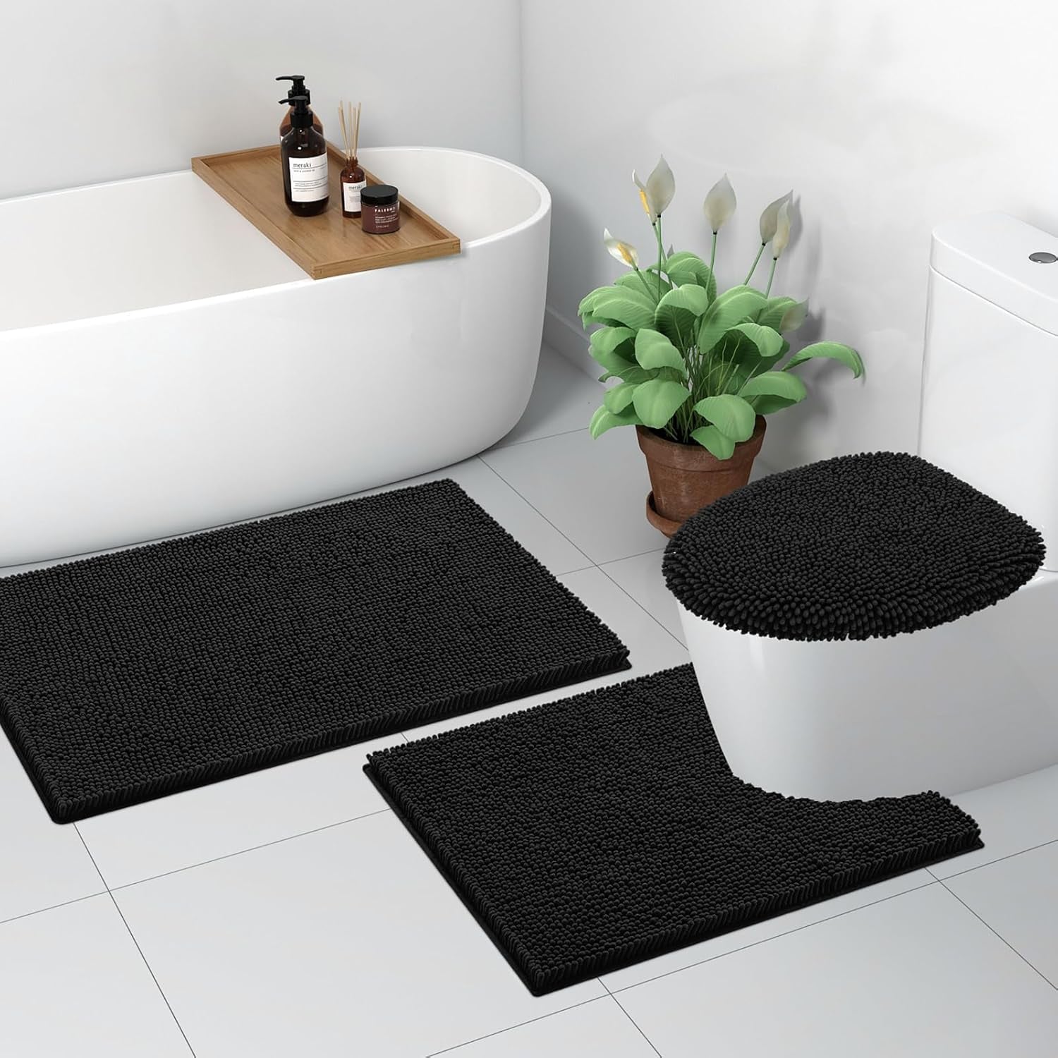 Soft Chenille Bathroom Toilet Lid Cover, Machine Washable Covers, 17.5X15, Fits Most Round, Elongated and Oblong Lids, Accessories Decor, Black