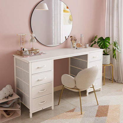 47-Inch White Vanity Desk with 8 Fabric Drawers - Spacious Computer Desk for Home Office and Bedroom Storage