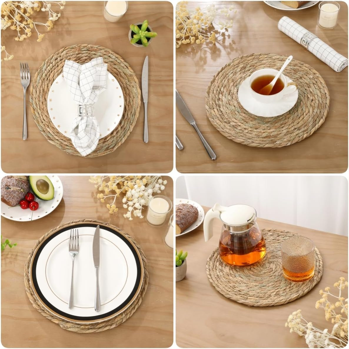 4 Pcs 12 Inch round Woven Placemats, Natural Rattan Braided Place Mats for Dining Table, Wicker Chargers Boho Rustic Farmhouse Heat Resistant Table Mats