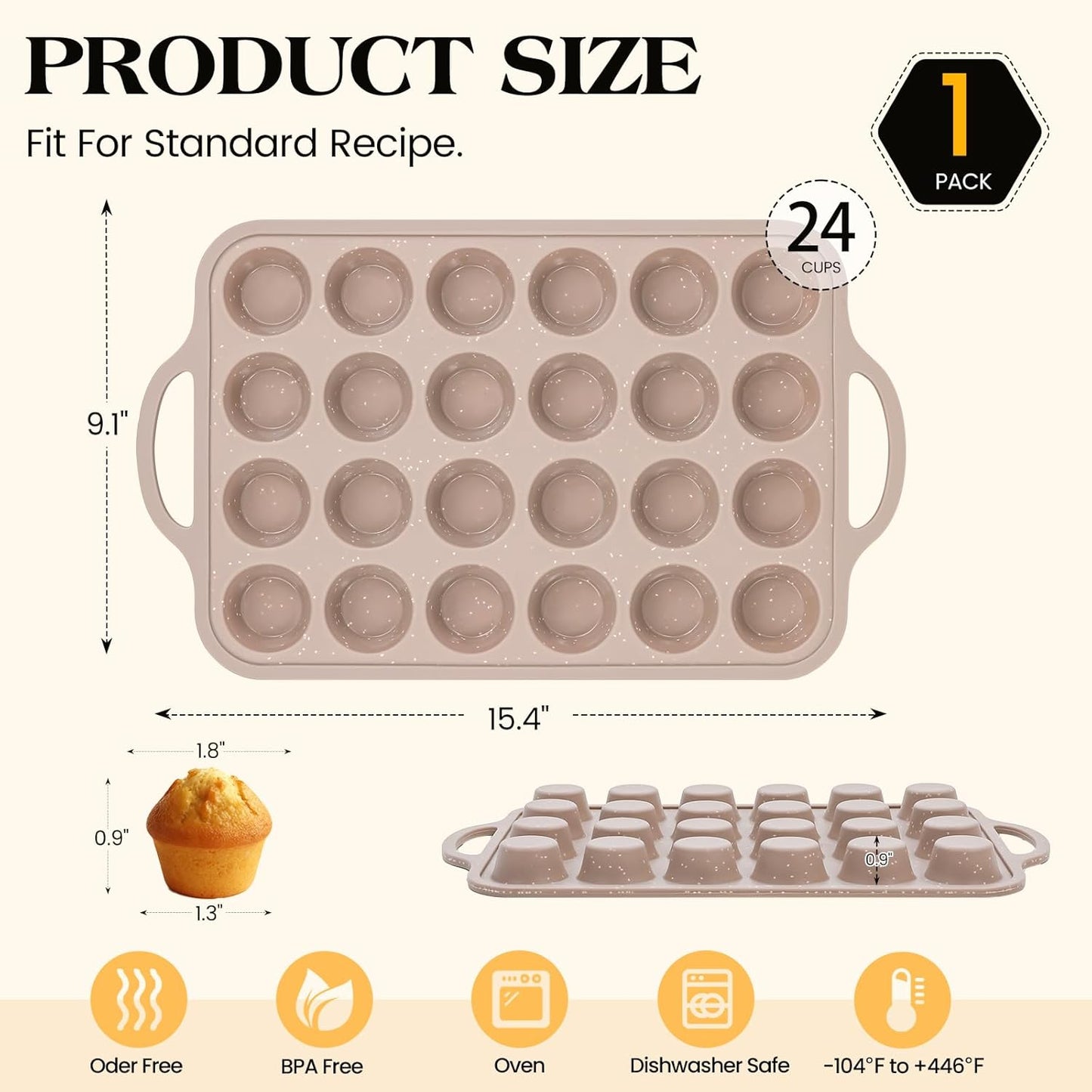 Mini Silicone Muffin Pans for Baking with Metal Reinforced Frame, 24 Cups Brown Regular Size Nonstick Cupcake Pan, BPA Free Oven Dishwasher Safe Baking Mold for Muffins Cupcakes
