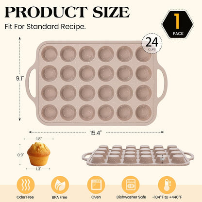 Mini Silicone Muffin Pans for Baking with Metal Reinforced Frame, 24 Cups Brown Regular Size Nonstick Cupcake Pan, BPA Free Oven Dishwasher Safe Baking Mold for Muffins Cupcakes