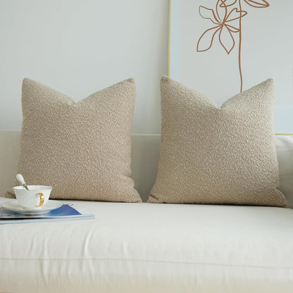 Pack of 2 Textured Boucle Throw Pillow Covers Accent Solid Pillowcovers Home Decor 20 X 20 Inch Khaki