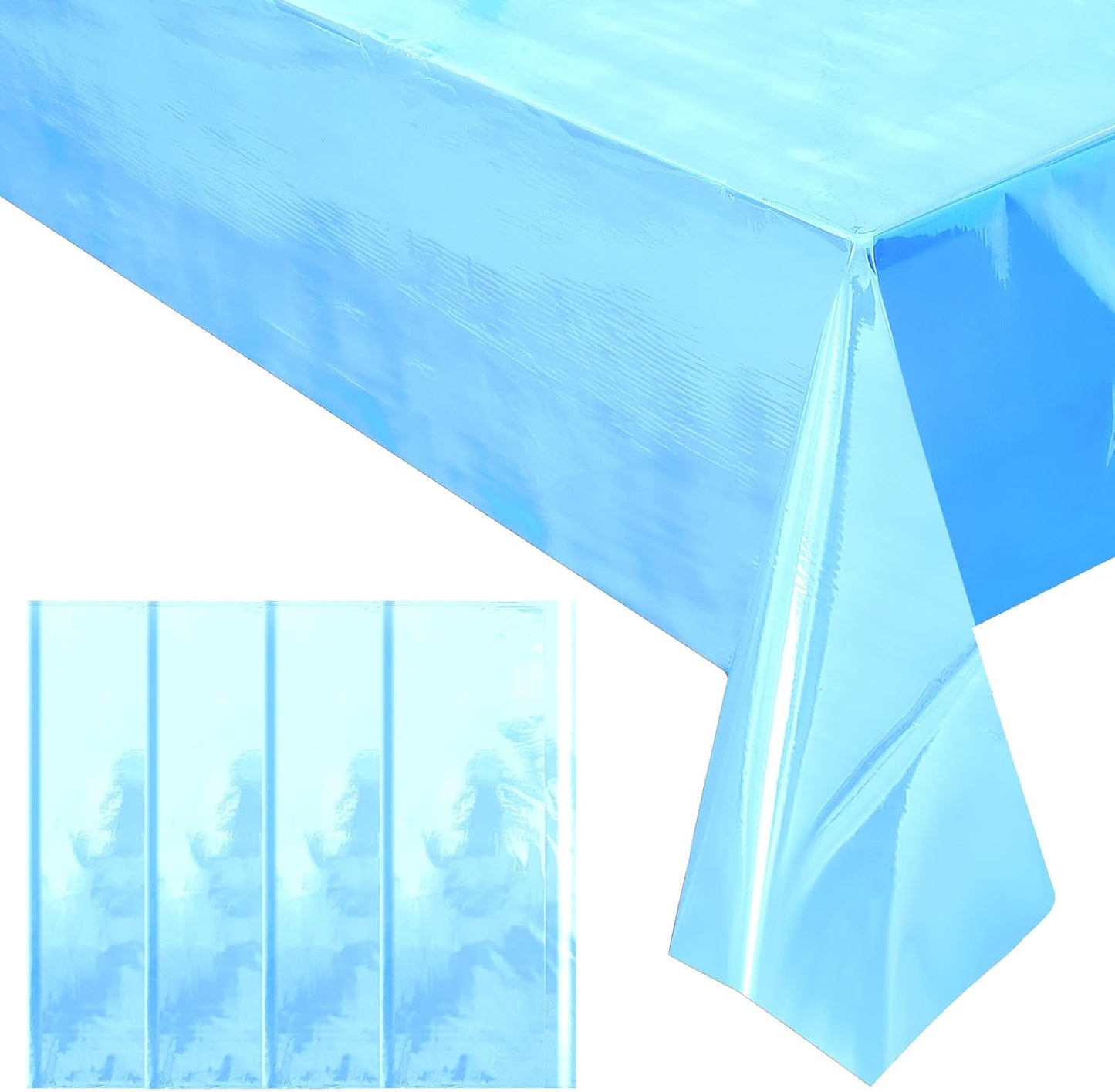 Set of 4 Blue Iridescent Disposable Tablecloths - 40 x 108 Inches Shiny Laser Finish - Holographic Plastic Table Covers for Party Decorations, Weddings, and Banquets