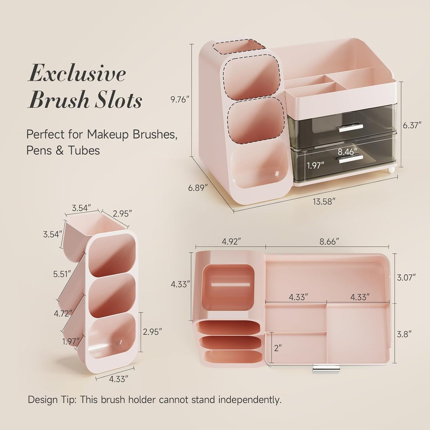 Makeup Organizer with Drawers for Vanity, Spacious Cosmetic Display Case with Makeup Brush Holder, Perfect Vanity Bathroom Organizer and Storage Solution for Skincare & Beauty Essentials, Pink