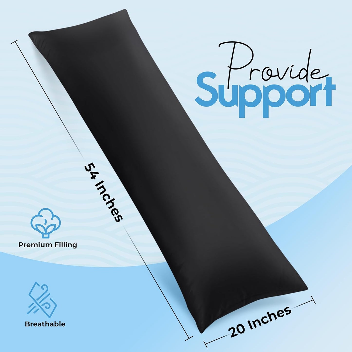Full Body Pillow for Adults (Black, 20 X 54 Inch), Long Pillow Insert for Sleeping, Ideal for Side Sleepers