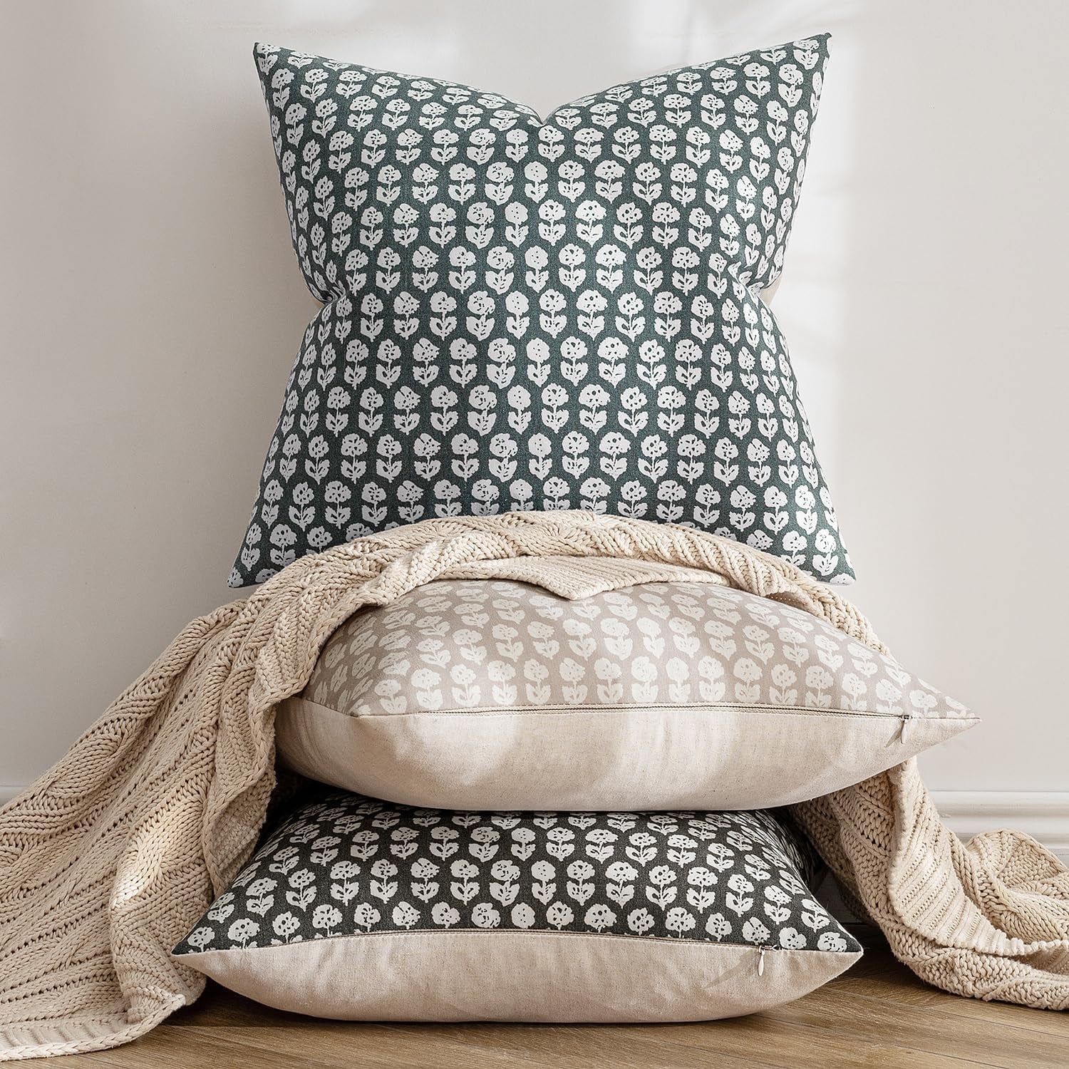 Set of 2 Vintage Floral Block Print Pillow Covers, 20x20 Inch Neutral Linen Cushion Cases for Couch, Sofa, and Chair in Dusty Blue