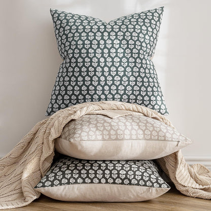 Set of 2 Vintage Floral Block Print Pillow Covers, 20x20 Inch Neutral Linen Cushion Cases for Couch, Sofa, and Chair in Dusty Blue