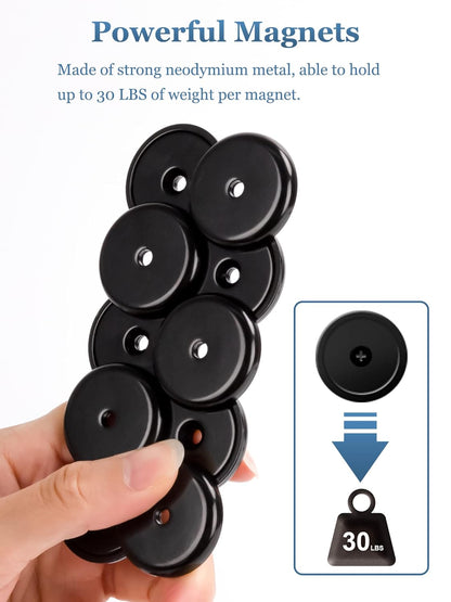 10-Pack Neodymium round Base Cup Magnets, 30LBS Strong Rare Earth Magnets with Heavy Duty Countersunk Hole and Stainless Screws for Refrigerator, Craft, Home, Office - 1.26'' X 0.2'' (Black)