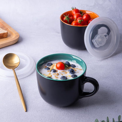 Ceramic Soup Mugs with Vented Lids, 24 Oz Capacity, Set of 4 in Green - Versatile for Soup, Coffee, Cereal, Salad, Noodles, and Tea, Microwave and Dishwasher Safe