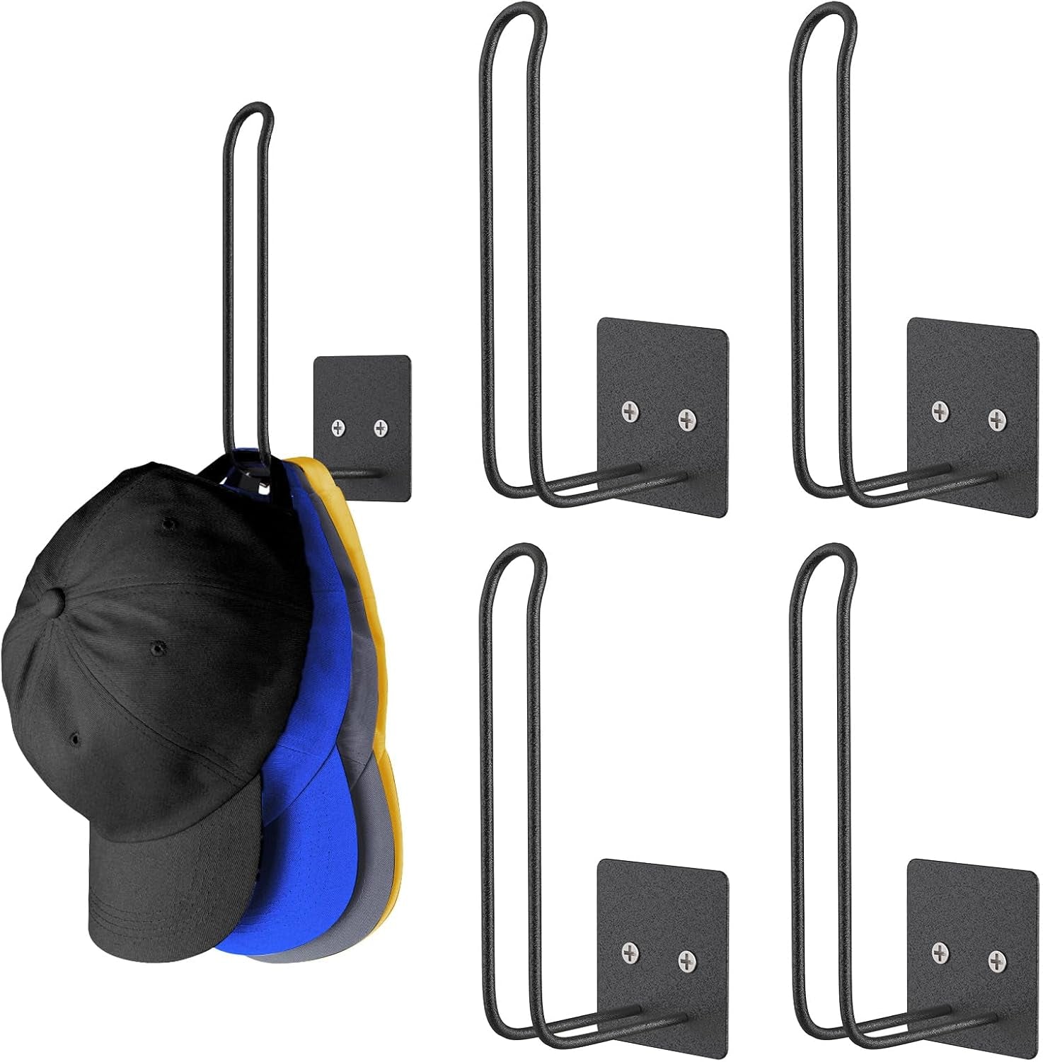 4 Pack Hat Racks - Baseball Cap Hat Holder, Organizer - Strong Adhesive/Wall Drilled for Door, Bedroom, Closet (Black)