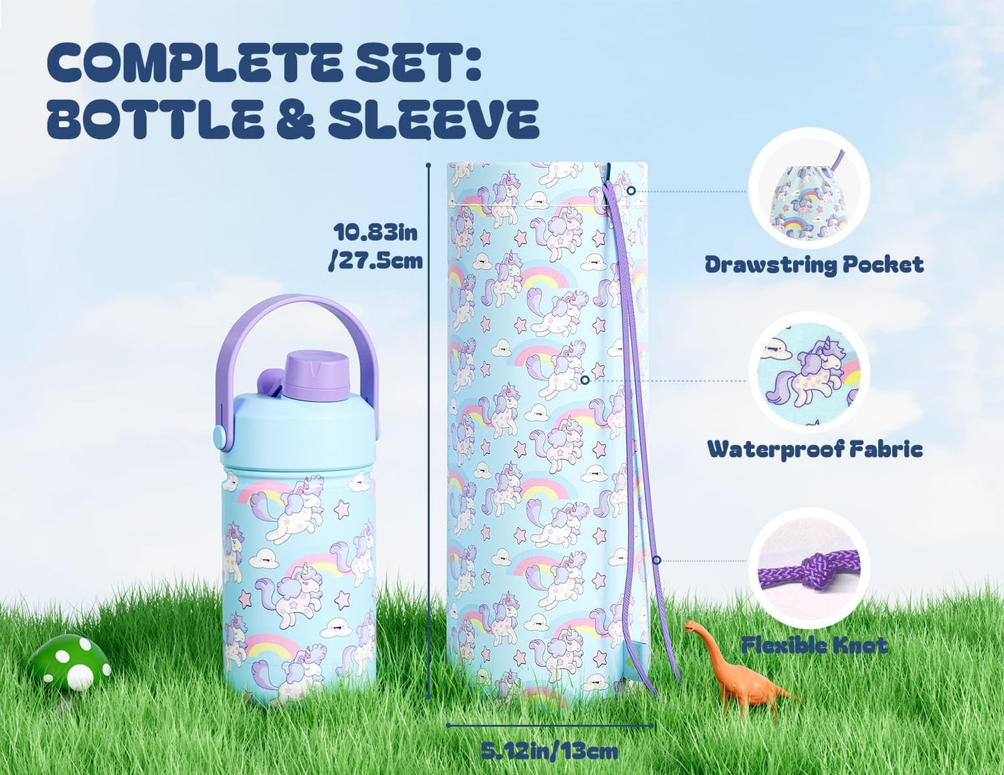 12 Oz Kids Stainless Steel Water Bottle: 2-In-1 Straw Spout Lid, Leakproof, Bpa-Free, Easy Clean, Keep Cold 24H, Insulated Cup with Carrier Bag for School, Travel, Playtime, Gift (Dreamy Unicorn)