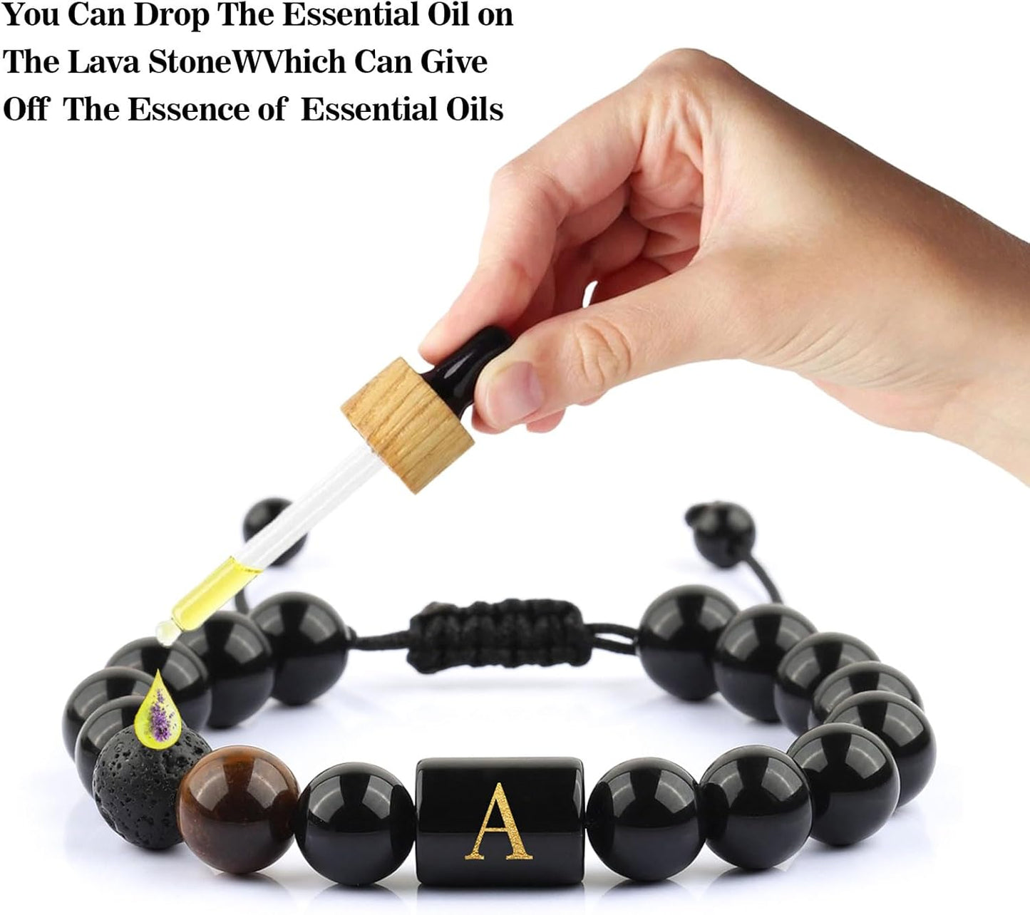 Christmas Gifts Initials Bracelets for Men Letter Link Handmade Natural Black Onyx Tiger Eye Stone Beads Braided Bracelet, Adjustable Charm Bracelet Jewelry Gifts for Him