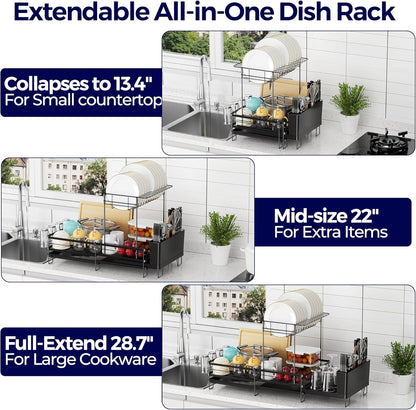 2 Tier Large Dish Drying Rack - Extendable Dish Rack for Kitchen Counter, Multifunctional Dish Drainer with Drainboard Set, Dishrack with Utensil Holder & Cup Holder, 13.4"-28.7" L X 11.8" W