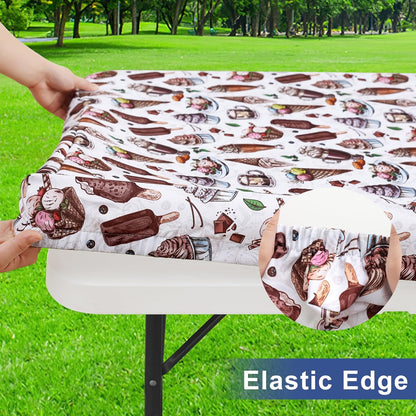 Rectangle Printed Fabric Tablecloth, Elastic Fitted Table Cloth for 6 Foot Table, Washable Polyester Table Cover for Outdoor, Picnic, Camping and Indoor, (Ice Cream, 30" X 72")