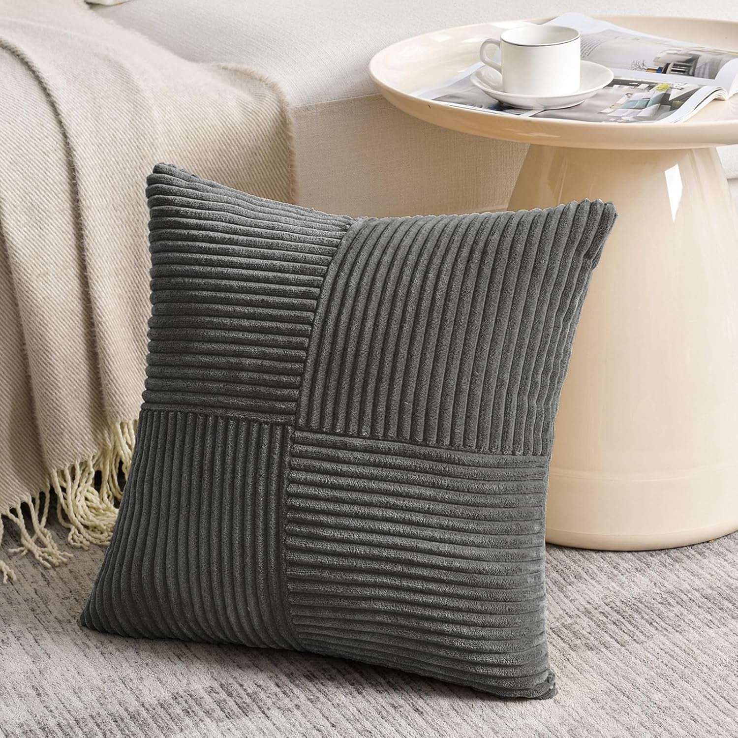 2 Packs Dark Gray Decorative Throw Pillow Covers 18X18 Inch for Living Room Couch Sofa, Rustic Farmhouse Boho Home Decor, Soft Corss Corduroy Patchwork Textured Square Cushion Case 45X45 Cm