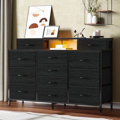 55-Inch Black Dresser with LED Lighting and Power Outlets, Featuring 12 Storage Drawers and 2 Shelves, Ideal for Bedroom, Living Room, or Entryway, Wooden Top with Metal Frame