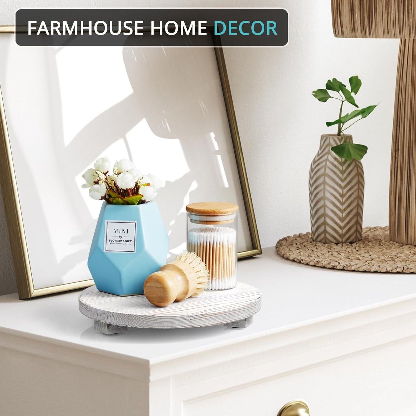 Round Wood Tray Farmhouse Bathroom Decor Pedestal Stand Decorative Kitchen Vanity Counter Sink Accessories Wooden Riser for Soap Dish, Perfume, Candle, Sponge, 9", Rustic White