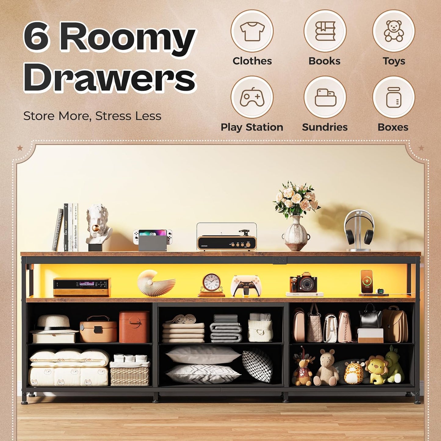 63-Inch TV Stand for 55 to 70 Inch TVs, Rustic Entertainment Center with Power Outlets and Fabric Drawer Storage for Bedroom and Living Room