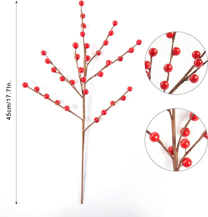 12 Pack Red Berry Stems - 17'' Holly Berry Stems, Red Berries Christmas Decor, Red Berry Picks for Christmas Tree Filler Branches, Artificial Cranberries Ornaments Crafts Holiday Home Decor