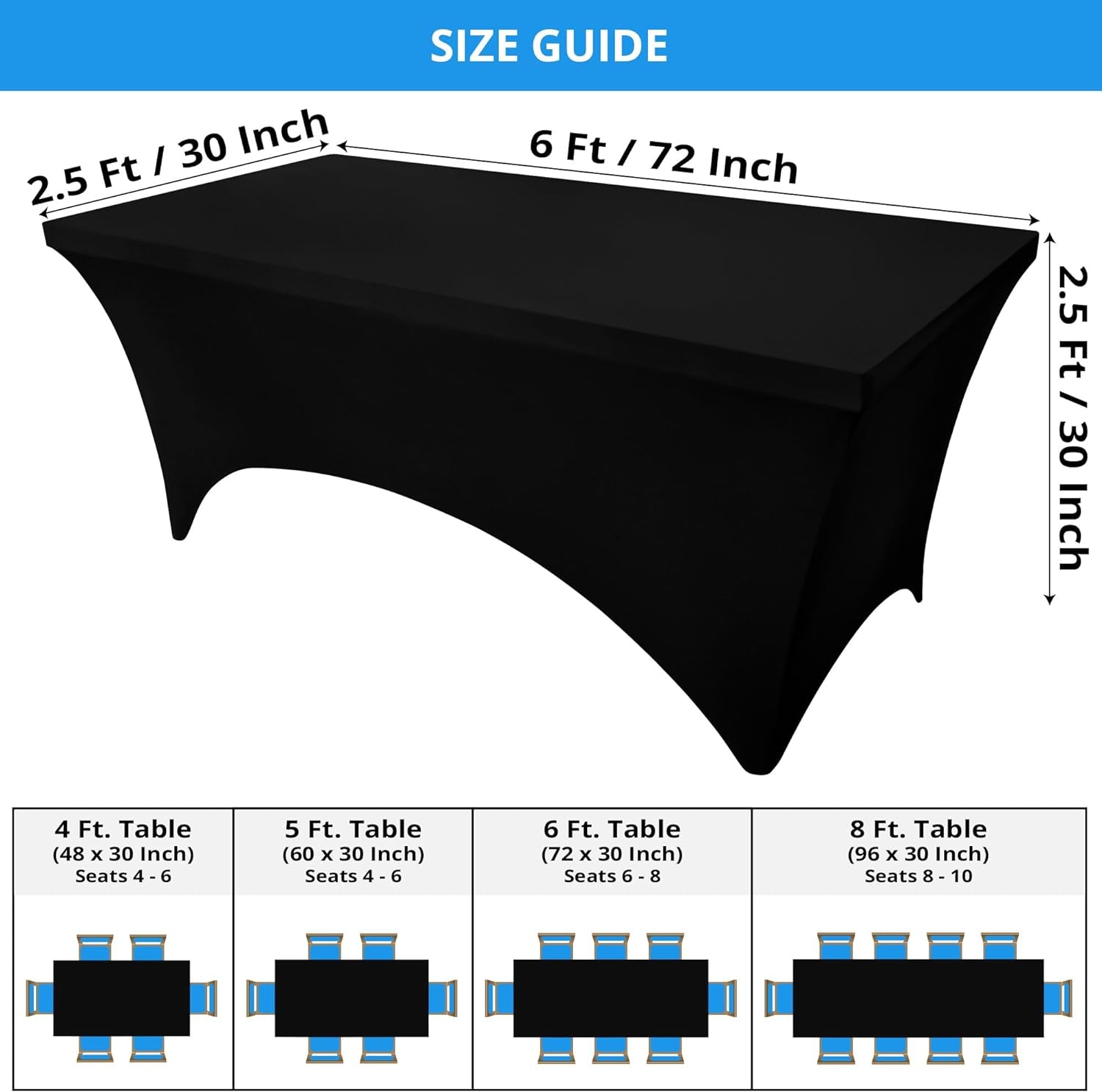 Spandex Tablecloth 2 Pack [6FT, Black] Tight, Fitted, Washable and Wrinkle Resistant Stretch Rectangular Patio Table Cover for Event, Wedding, Banquet & Parties [72Lx30Wx30H Inch]