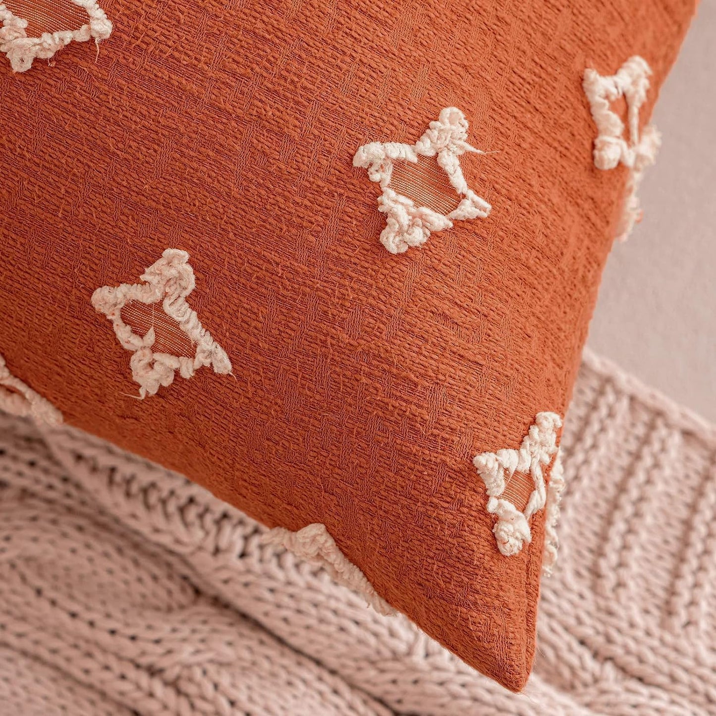 Set of 2 Decorative Throw Pillow Covers Rhombic Jacquard Pillowcase Fall Soft Square Cushion Case for Couch Sofa Bed Bedroom Living Room, 18X18 Inch, Burnt Orange