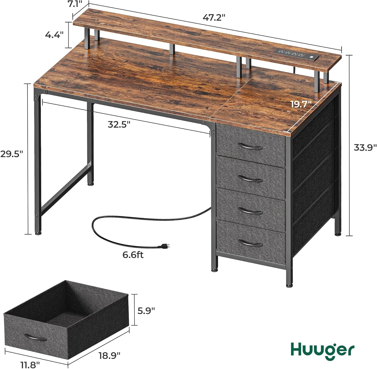 47-Inch Computer Desk with Integrated Power Outlets and LED Lighting, Gaming and Office Desk Featuring 4 Drawers and Monitor Stand, Ideal for Home Office and Small Spaces, Rustic Brown Finish