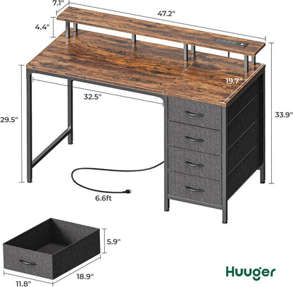 47-Inch Computer Desk with Integrated Power Outlets and LED Lighting, Gaming and Office Desk Featuring 4 Drawers and Monitor Stand, Ideal for Home Office and Small Spaces, Rustic Brown Finish