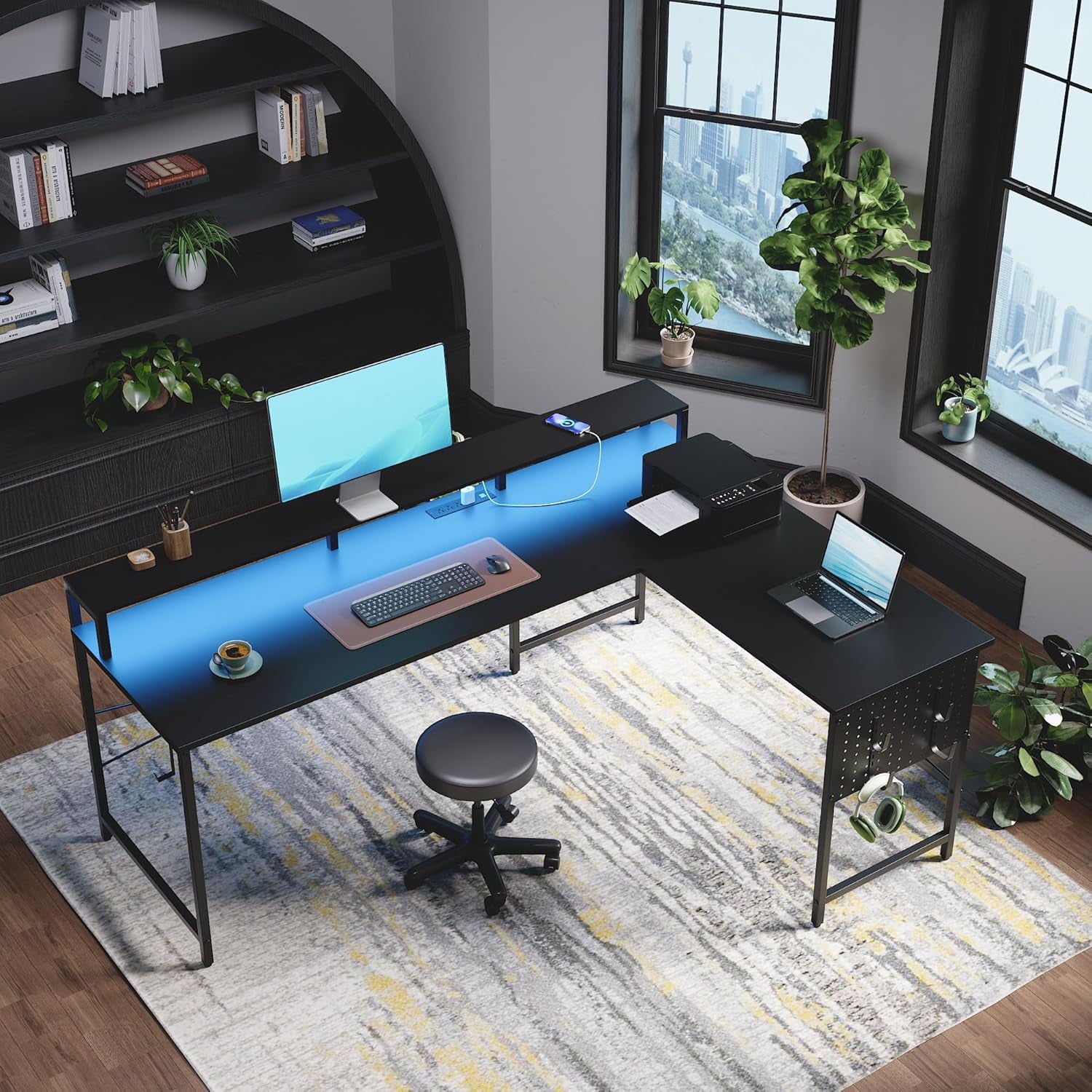 64 Inch L Shaped Gaming Desk with Power Outlets and Led Lights, Large Corner Computer Desk with Monitor Stand and Pegboard, PC Table for Home Office and Bedroom Black