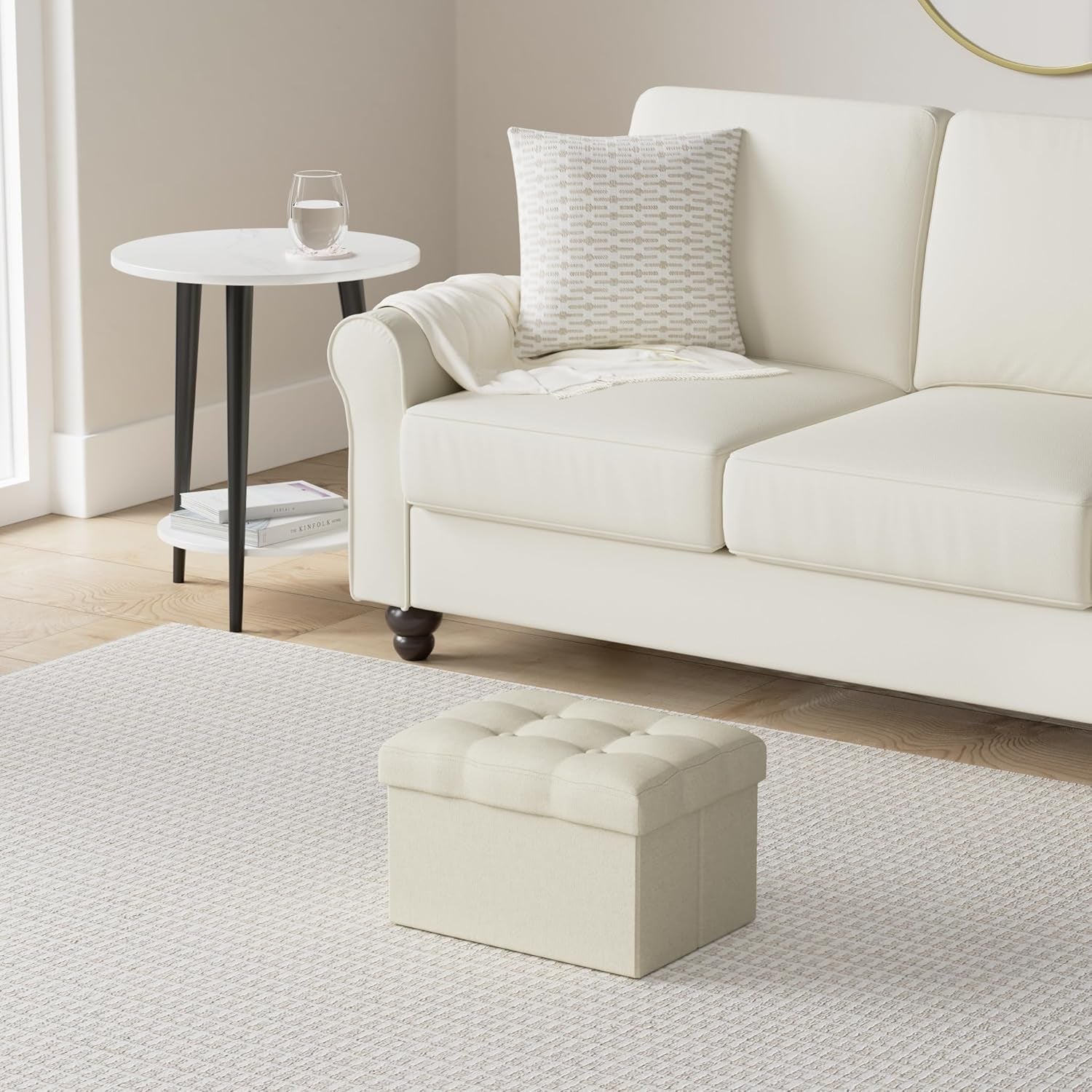 Small Folding Ottoman with Storage - Beige Linen Footrest Stool for Under Desk, 16"x12"x12