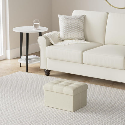Small Folding Ottoman with Storage - Beige Linen Footrest Stool for Under Desk, 16"x12"x12
