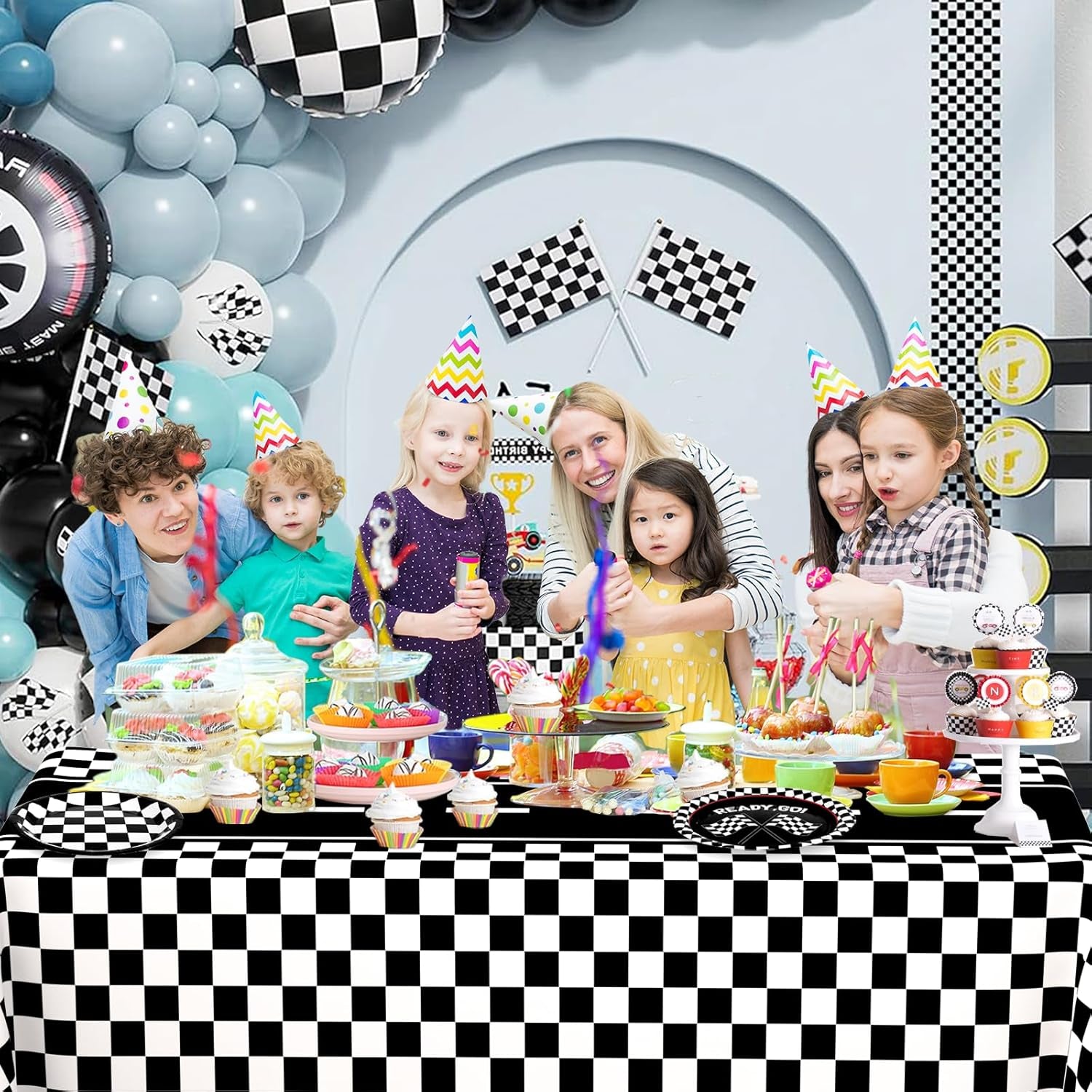 2 Pack Race Car Table Cloth Black and White Gingham Tablecloths Disposable Plastic Buffalo Check Tablecloth Checkered Flag Covers for Birthday, Outdoor Picnic, Birthday, Camping 54 × 108 Inch