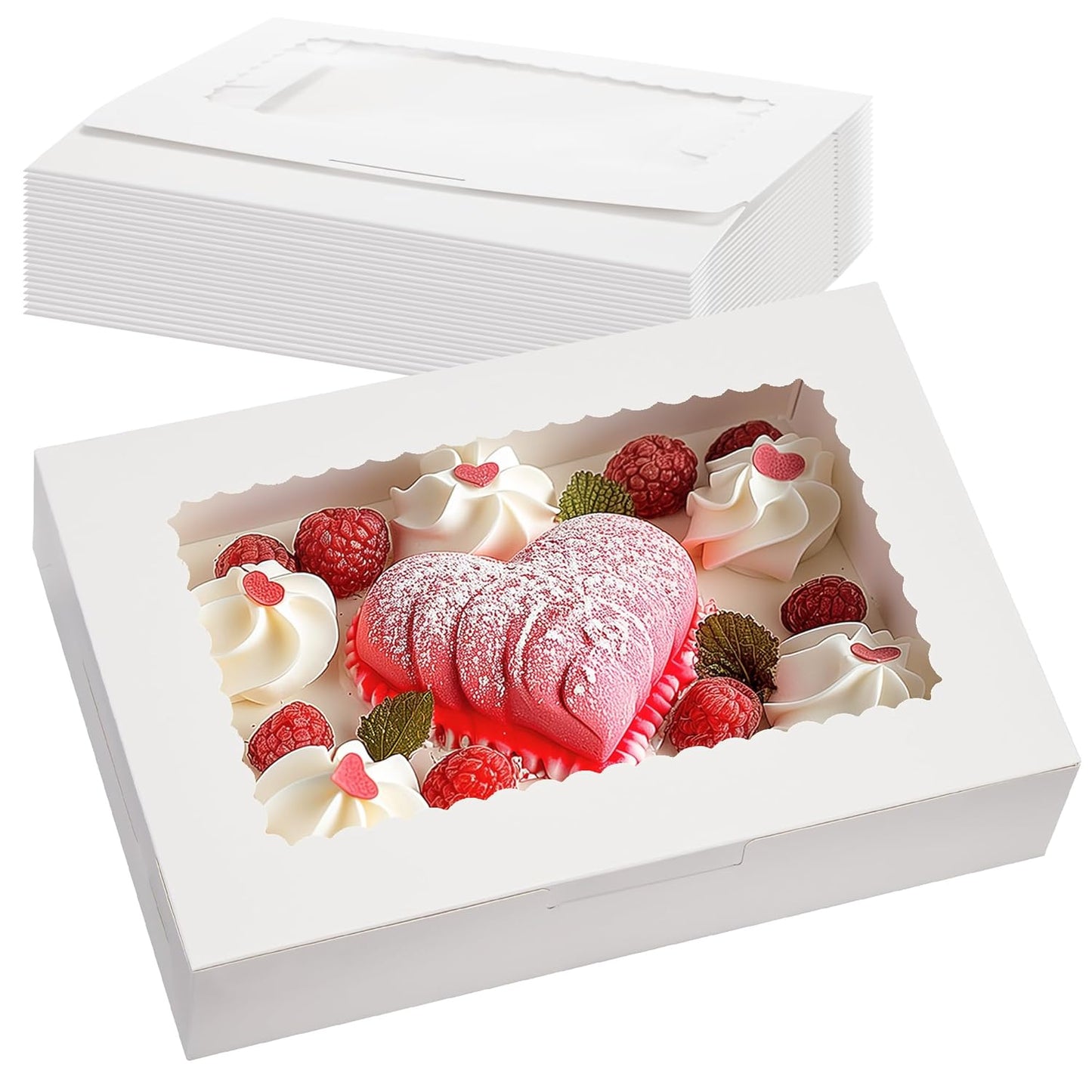 24 Pack Bakery Boxes with Window, 12" X 8" X 2.5", White Cookie Packaging for Chocolate Covered Strawberries, Cupcakes, Donuts, Treat, Baked Goods, Auto-Popup Design