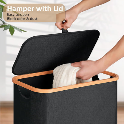 Slim Laundry Basket with Lid, Narrow Dirty Clothes Hampers for Laundry with ABS Handle, Skinny Laundry Bin for Laundry Room, Dorm, Bedroom and Bathroom, 19.8 Gallon (75L) Black