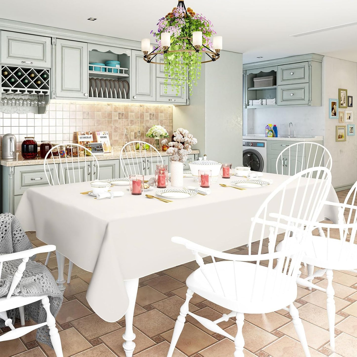 Rectangle Vinyl Tablecloth, Waterproof Spillproof Plastic Flannel Backed Table Cloth, Wipe Clean Table Cover for Dining, Buffet Parties and Camping (Beige, 54" X 78")