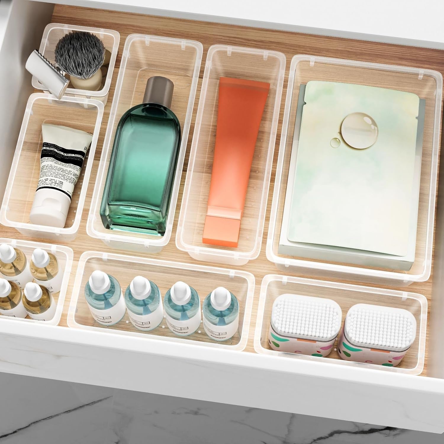 12 PCS Drawer Organizer Set, 4 Sizes Storage Drawer Units, Clear Plastic Makeup Vanity Organizer and Storage Bins for Makeup, Stationeries, Multiple Gadgets for Bathroom, Office, Bedroom