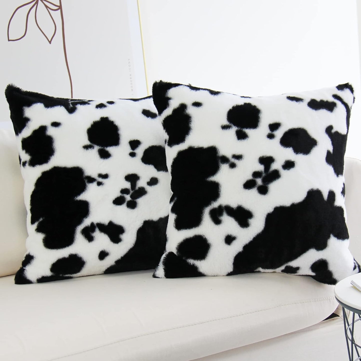 Cowhide Throw Pillow Covers Farmhouse Animal Skin Soft Cozy Fleece Flurry Cushion Case Cow Pattern Faux Fur Pillowcases for Couch Bedroom Set of 2 18 X 18 Inch Black