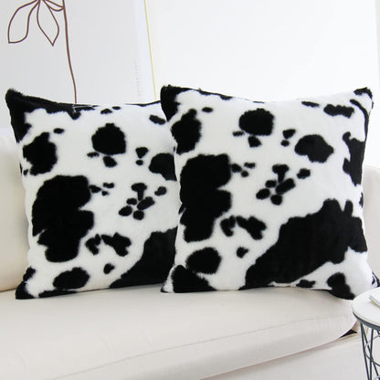 Cowhide Throw Pillow Covers Farmhouse Animal Skin Soft Cozy Fleece Flurry Cushion Case Cow Pattern Faux Fur Pillowcases for Couch Bedroom Set of 2 18 X 18 Inch Black