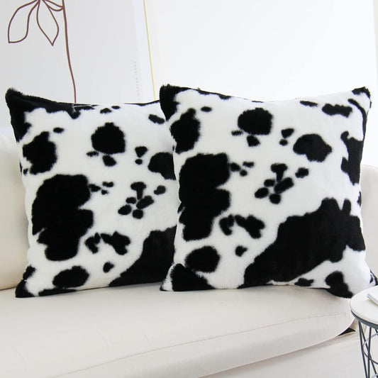 Cowhide Throw Pillow Covers Farmhouse Animal Skin Soft Cozy Fleece Flurry Cushion Case Cow Pattern Faux Fur Pillowcases for Couch Bedroom Set of 2 18 X 18 Inch Black