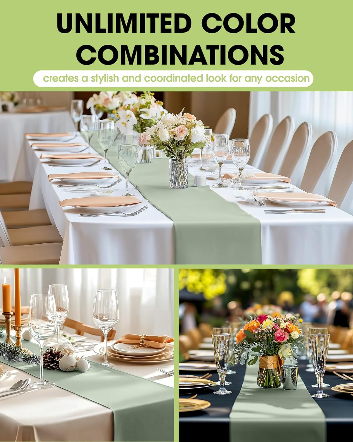 Sage Green Plastic Table Runners - 12 Pack, 14'' X 108'', Water Resistant & Disposable Centerpiece Decorations for Table Cloth, Wedding, Birthday, Holiday, Baby Shower, Party, Home Decor