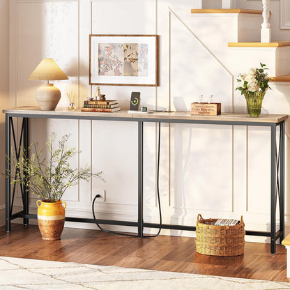 70-Inch Console Table with Integrated Outlets and USB-C Port, Extra Long X-Shaped Design for Entryway and Living Room, Metal Frame with Wooden Top in Grey Oak