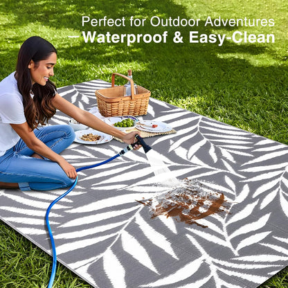 Waterproof Outdoor Rug 5X8 Ft, Reversible Outdoor Plastic Straw Rug with Leaf Pattern, RV Mat, Indoor Outdoor Carpet for Patio, Camping, Balcony, Deck, Backyard, Grey & White