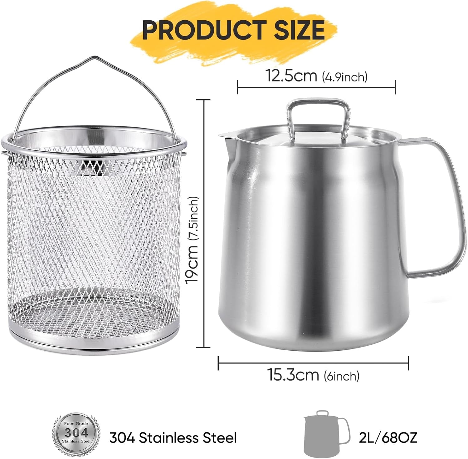 68Oz/2L 304 Stainless Steel Oil Container, Cooking Oil Filter Pot with Mesh Strainer, Grease Container with Lid for Kitchen, Dishwasher Safe