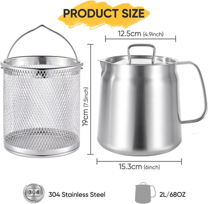 68Oz/2L 304 Stainless Steel Oil Container, Cooking Oil Filter Pot with Mesh Strainer, Grease Container with Lid for Kitchen, Dishwasher Safe