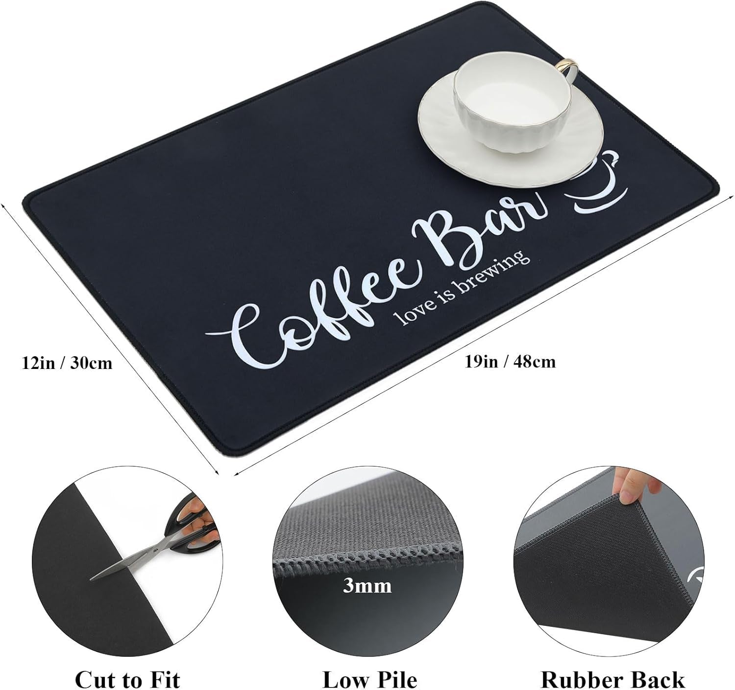 Coffee Mat 2-Pack 12X19 Inch Absorbent Non Slip Rubber Bar Accessories Coffee Maker Mat for Countertop Dish Drying Mat Heat Resistant, Black