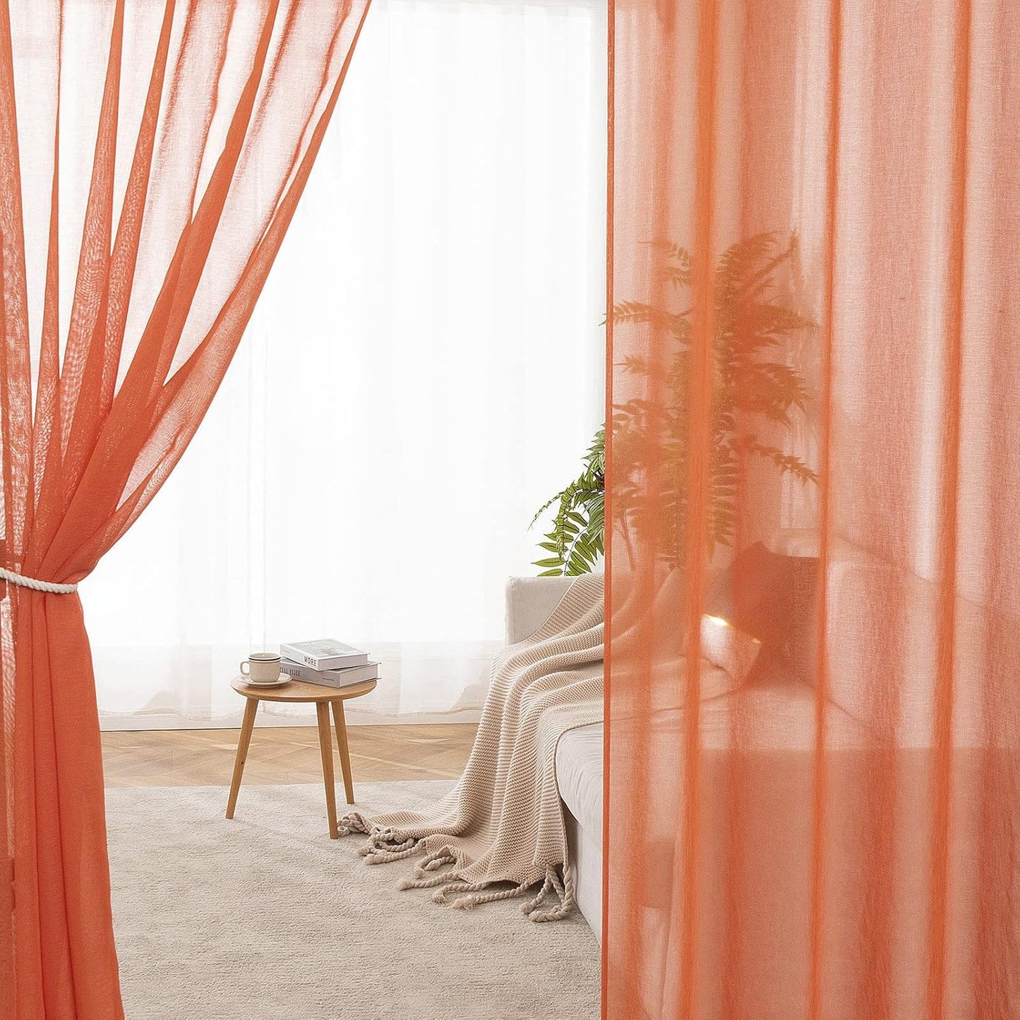 2 Panels Burnt Orange Semi Sheer Window Curtains Elegant Grommet Top Window Voile Drapes/Treatment Linen Textured Panels for Bedroom Living Room Fall Decor (54X72 Inches)