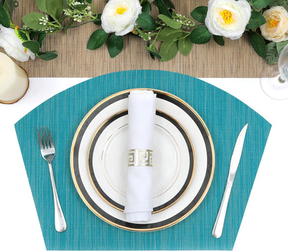 Large Size Wedge Placemats with Centerpiece Set of 5, PVC Woven Vinyl Place Mats for round Table Washable Indoor Outdoor Table Placemats, Blue