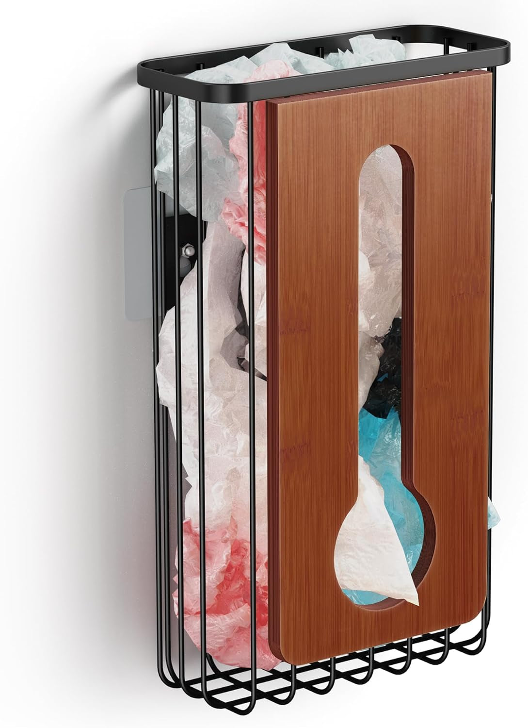 Plastic Grocery Bag Holder - Extra Large Trash Bag Dispenser Wall Mount with Mounting Accessories - Walnut Black Reusable Bags Storage Organizer for Kitchen, under Sink, Pantry, Garage