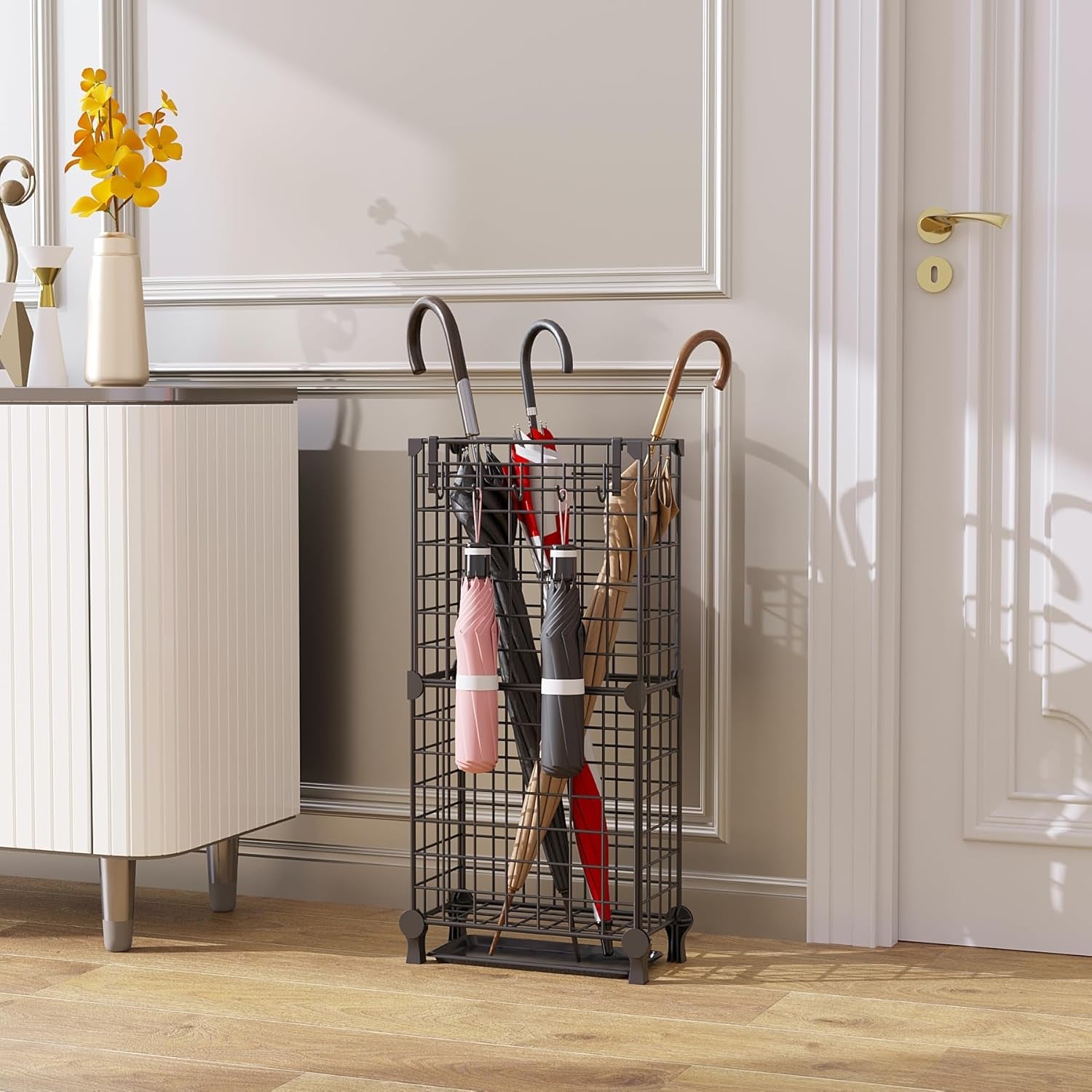 Umbrella Holder Entryway, Umbrella Stand Freestanding, Metal Square Umbrella Rack Organizer with a Removable Drip Tray, Hooks, Black