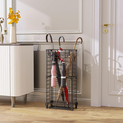 Umbrella Holder Entryway, Umbrella Stand Freestanding, Metal Square Umbrella Rack Organizer with a Removable Drip Tray, Hooks, Black